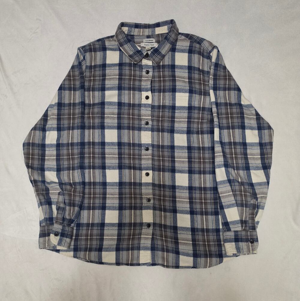 L.L. Bean Men’s XL Plaid Flannel Long Sleeve Button Up Shirt Blue / Gray / Cream